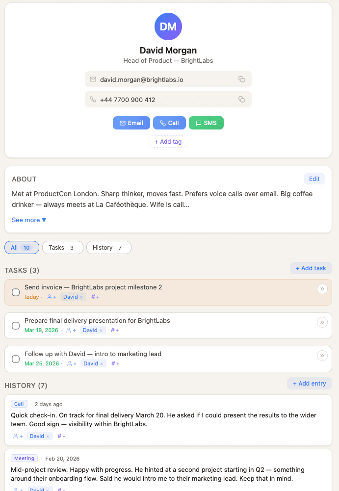 Contact profile with linked entries and notes in Keepsake