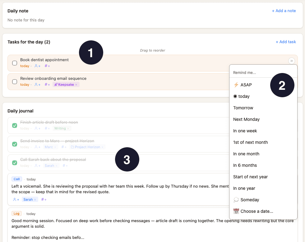 Today view with prioritized tasks in Keepsake