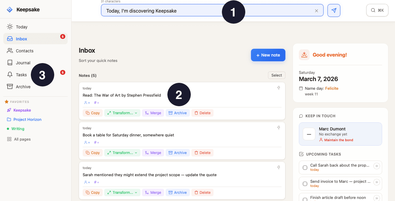 QuickNotes capture and Inbox workflow in Keepsake