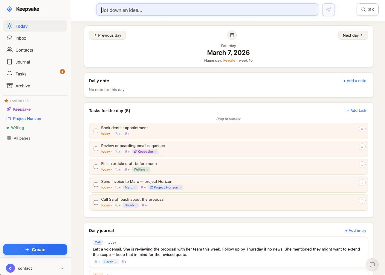 Keepsake — Today view with tasks, contacts and journal