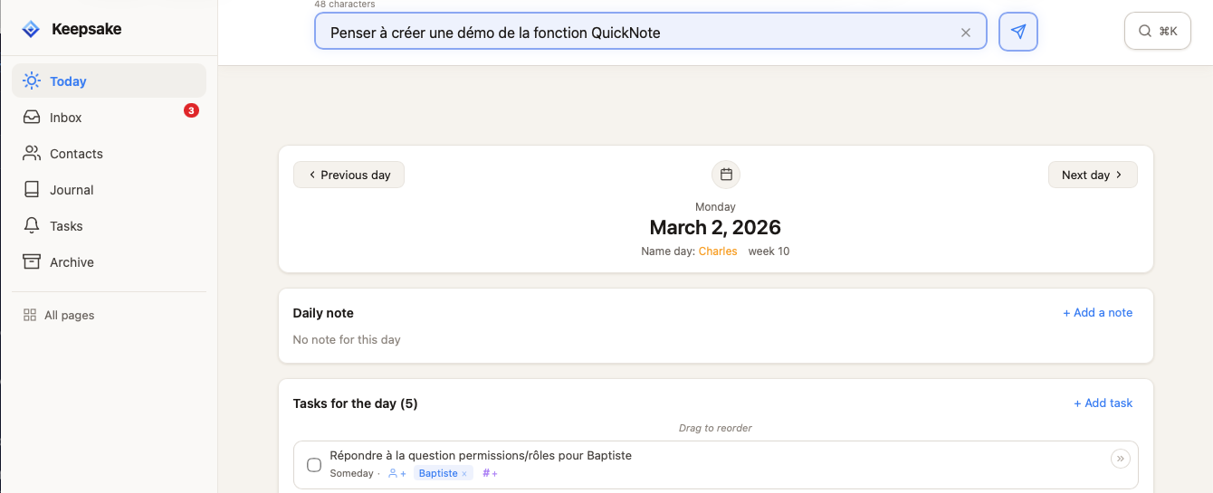 QuickNote bar at the top of Keepsake