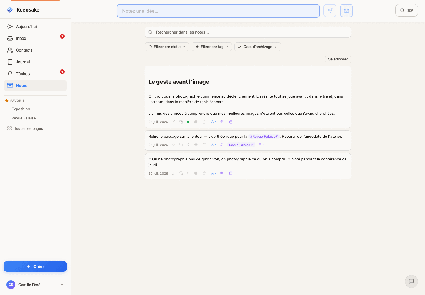 La vue Notes avec ses filtres de statut, de tag et de date d
